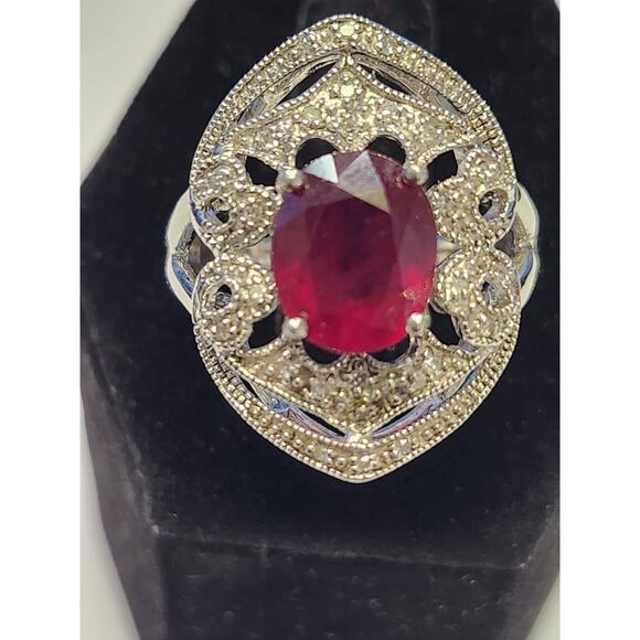 Estate diamond & Ruby Ring 925 Sterling Silver Cluster Ring Siz 7 - Picture 1 of 6
